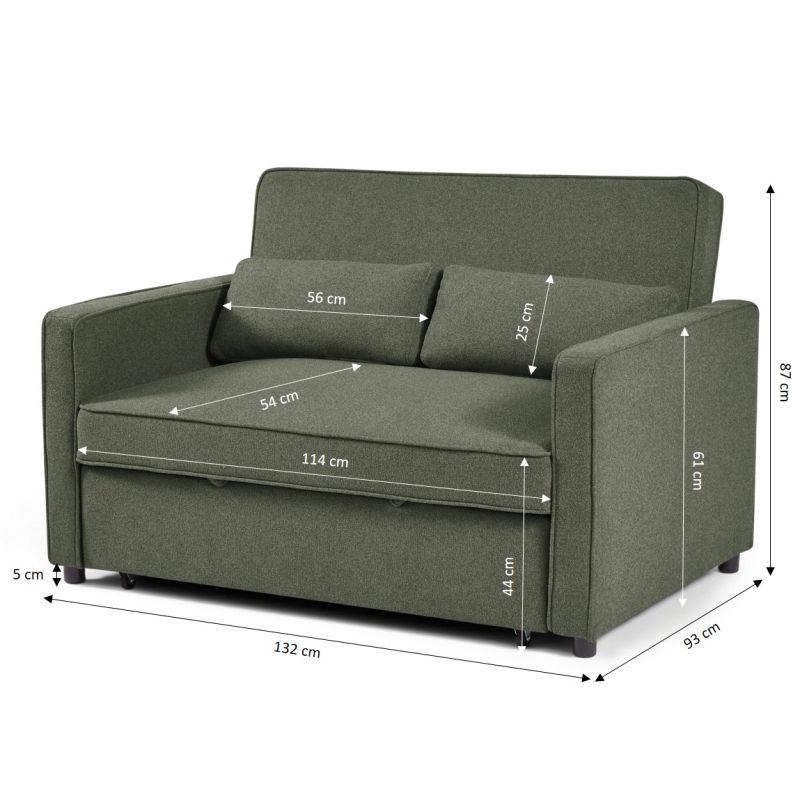 Canapé droit convertible NEVA 2 places tissu vert