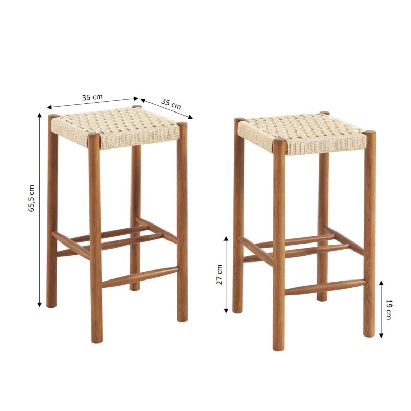 Lot de 2 tabourets ELLIO chêne massif couleur noyer et corde