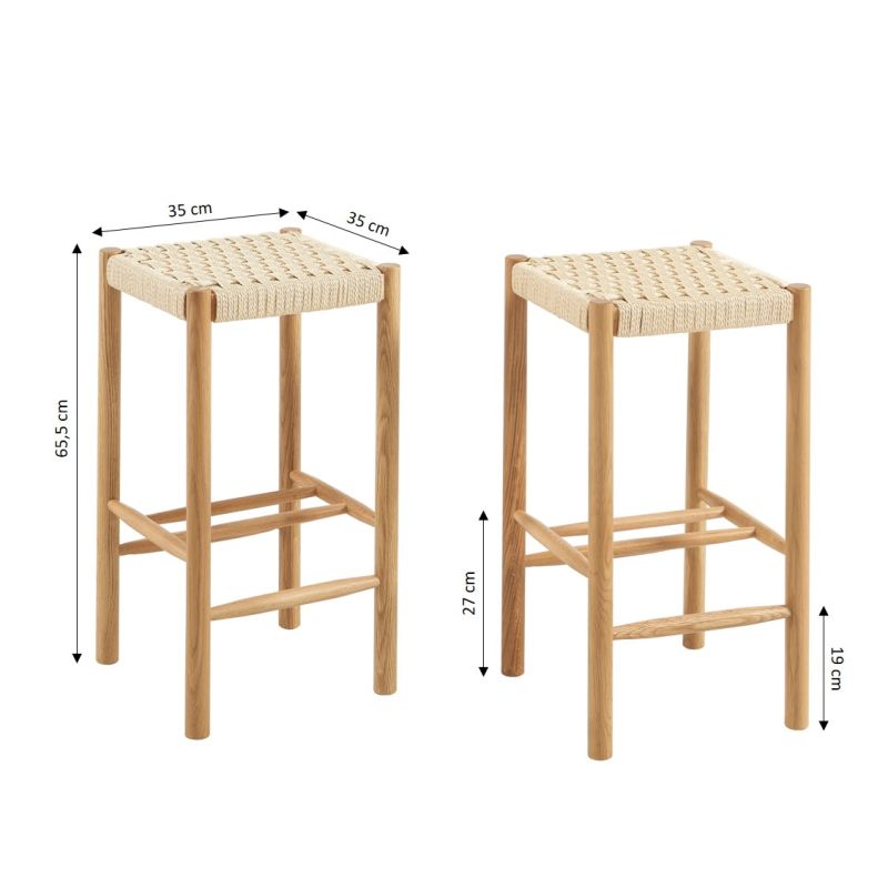 Lot de 2 tabourets ELLIO chêne massif et corde