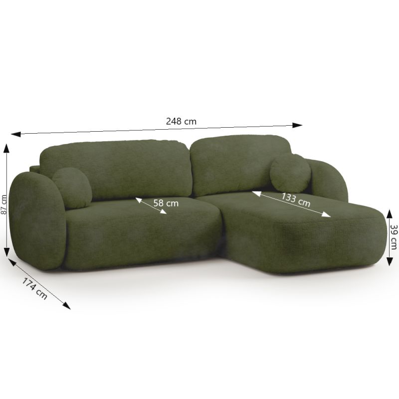 Canapé d'angle droit convertible CARLOTTA 4 places tissu chenille vert kaki