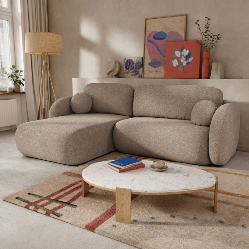 Canapé d'angle gauche convertible CARLOTTA 4 places tissu bouclette taupe