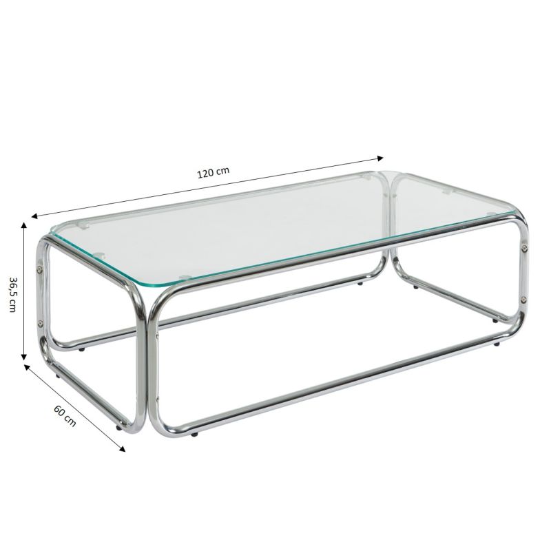 Table basse MAGGY verre trempé transparent et structure en chrome