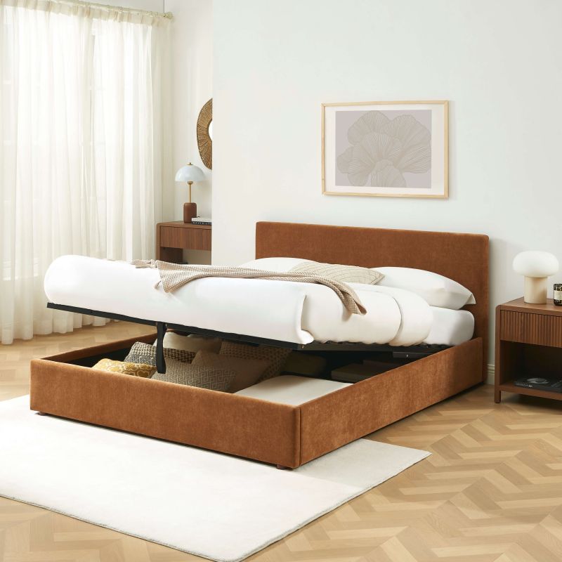 Lit coffre VANIA en tissu marron 160 x 200 cm sommier inclus