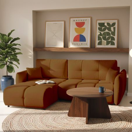 Canapé d'angle convertible et réversible COMO 4 places tissu chenille cognac