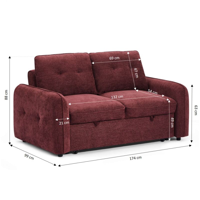 Canapé droit convertible IMPA 2 places tissu chenille rouge