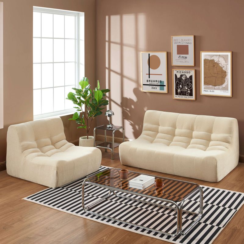 Ensemble banquette et chauffeuse JANIS modulable 3 places velours beige