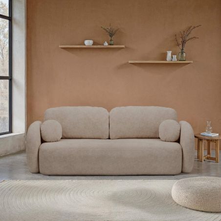 Canapé droit convertible CARLOTTA 3 places tissu bouclette taupe