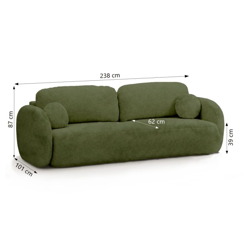 Canapé droit convertible CARLOTTA 3 places tissu chenille vert kaki