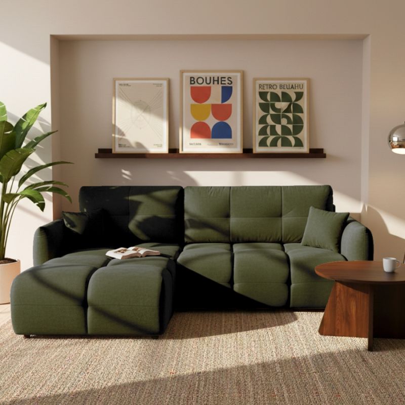 Canapé d'angle convertible et réversible COMO 4 places tissu chenille vert kaki