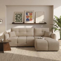 Canapé d'angle convertible et réversible COMO 4 places tissu chenille grège