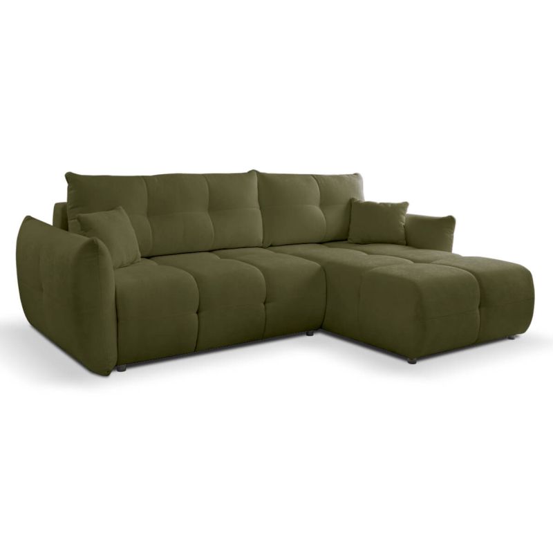 Canapé d'angle convertible et réversible COMO 4 places tissu chenille vert kaki