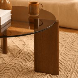 Table basse OLIE verre trempé caramel et placage noyer 75cm