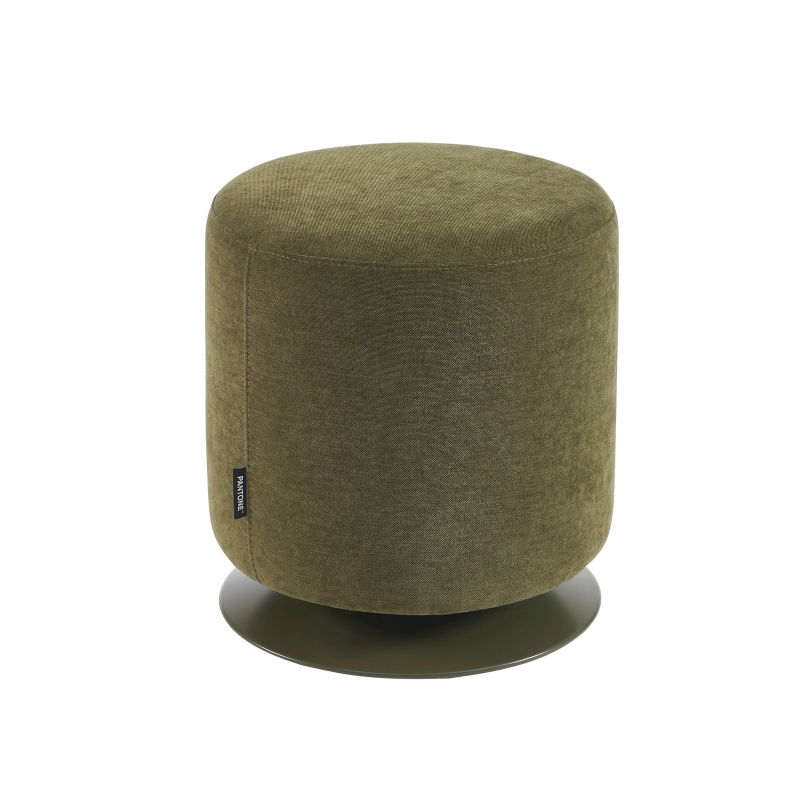 Pouf PANTONE tissu chenille vert olive et pied métal pivotant