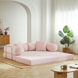 Canapé droit convertible et compressé HYPNOS déplimousse 3 places velours côtelé rose