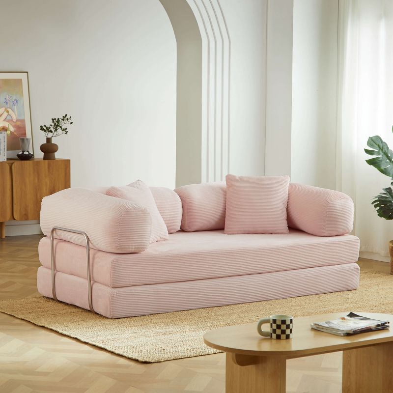 Canapé droit convertible et compressé HYPNOS déplimousse 3 places velours côtelé rose