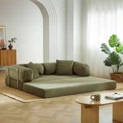 Canapé droit convertible et compressé HYPNOS déplimousse 3 places velours côtelé vert