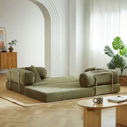Canapé droit convertible et compressé HYPNOS déplimousse 3 places velours côtelé vert