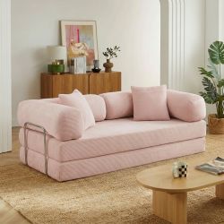 Canapé droit convertible et compressé HYPNOS déplimousse 3 places velours côtelé rose