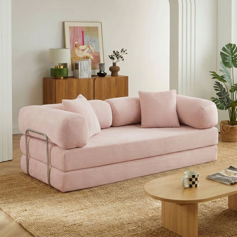 Canapé droit convertible et compressé HYPNOS déplimousse 3 places velours côtelé rose