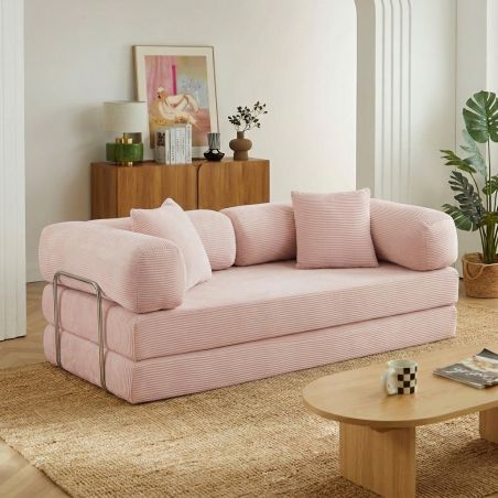 Canapé droit convertible et compressé HYPNOS déplimousse 3 places velours côtelé rose