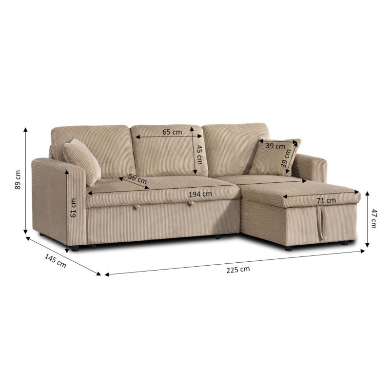 Canapé d'angle convertible et réversible ASPEN 4 places velours côtelé taupe