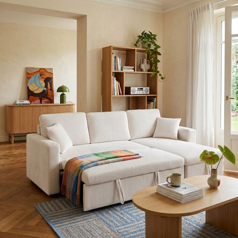 Canapé d'angle convertible et réversible ASPEN 4 places velours côtelé beige