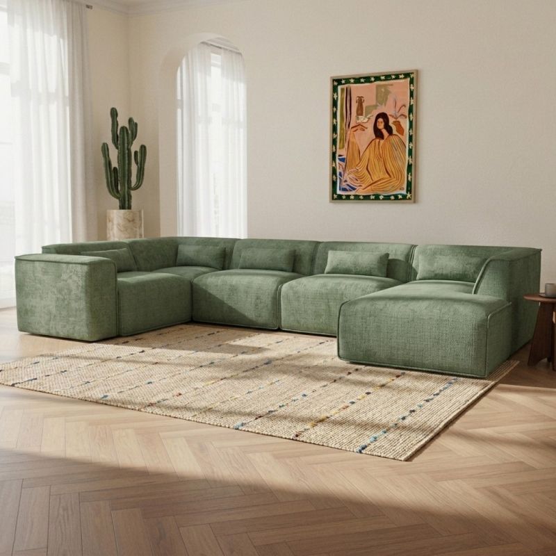 Canapé panoramique chaise droite NUNA fixe tissu vert 7 places