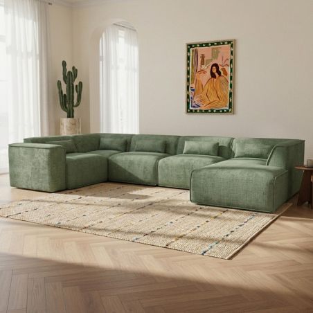 Canapé panoramique chaise droite NUNA fixe tissu vert 7 places