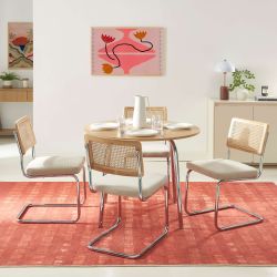 Ensemble repas table à manger ronde VASSI effet chêne et lot de 4 chaises ELLA tissu écru
