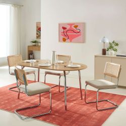 Ensemble repas table à manger ovale VASSIeffet chêne et lot de 4 chaises ELLA tissu écru