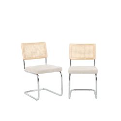 Ensemble repas table à manger ronde VASSI effet noyer et lot de 4 chaises ELLA tissu écru