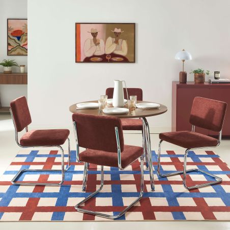 Ensemble repas table à manger ronde VASSI effet noyer et lot de 4 chaises JACK tissu bordeaux