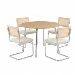 Ensemble repas table à manger ronde VASSI effet chêne et lot de 4 chaises ELLA tissu écru