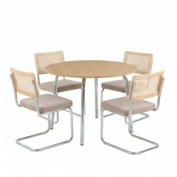 Ensemble repas table à manger ronde VASSIeffet chêne et lot de 4 chaises ELLA tissu marron