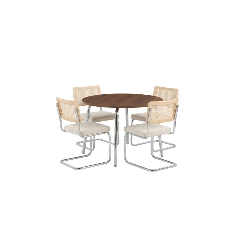 Ensemble repas table à manger ronde VASSI effet noyer et lot de 4 chaises ELLA tissu écru