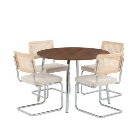 Ensemble repas table à manger ronde VASSI effet noyer et lot de 4 chaises ELLA tissu écru