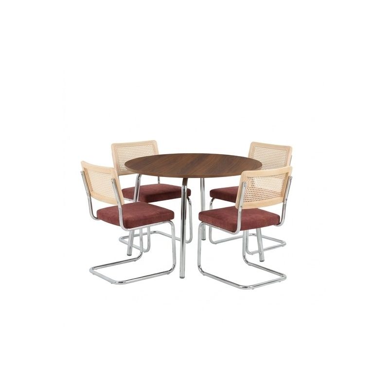 Ensemble repas table à manger ronde VASSIeffet noyer et lot de 4 chaises ELLA tissu bordeaux