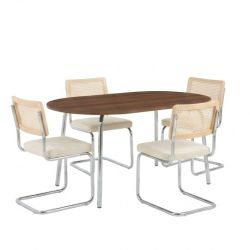 Ensemble repas table à manger ovale VASSI effet noyer et lot de 4 chaises ELLA tissu écru