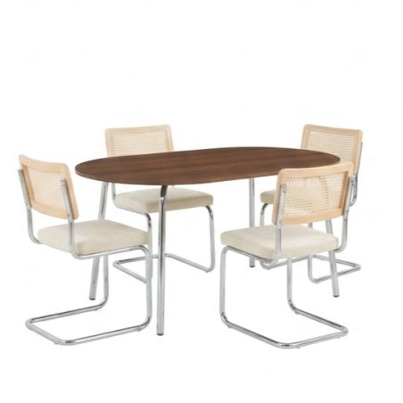 Ensemble repas table à manger ovale VASSI effet noyer et lot de 4 chaises ELLA tissu écru