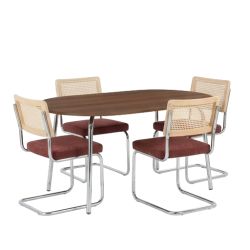 Ensemble repas table à manger ovale VASSI effet noyer et lot de 4 chaises ELLA tissu bordeaux