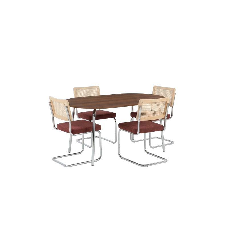 Ensemble repas table à manger ovale VASSI effet noyer et lot de 4 chaises ELLA tissu bordeaux