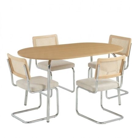 Ensemble repas table à manger ovale VASSIeffet chêne et lot de 4 chaises ELLA tissu écru