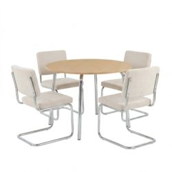 Ensemble repas table à manger ronde VASSI effet chêne et lot de 4 chaises JACK tissu écru
