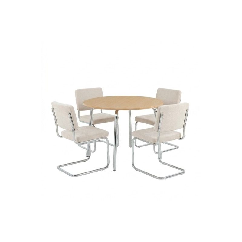 Ensemble repas table à manger ronde VASSI effet chêne et lot de 4 chaises JACK tissu écru