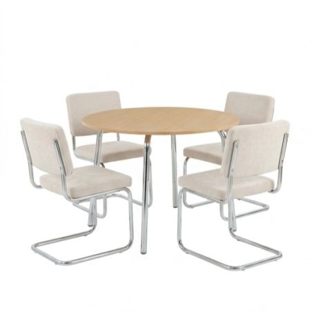 Ensemble repas table à manger ronde VASSI effet chêne et lot de 4 chaises JACK tissu écru