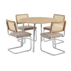 Ensemble repas table à manger ronde VASSI effet chêne et lot de 4 chaises JACK tissu marron
