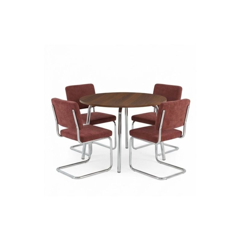 Ensemble repas table à manger ronde VASSI effet noyer et lot de 4 chaises JACK tissu bordeaux