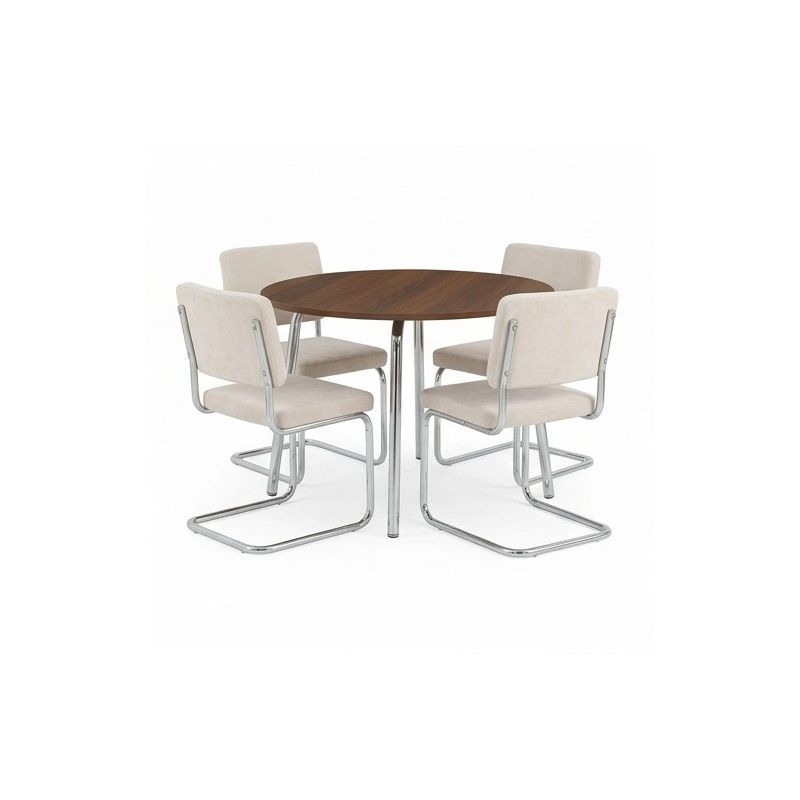 Ensemble repas table à manger ronde VASSI effet noyer et lot de 4 chaises JACK tissu écru