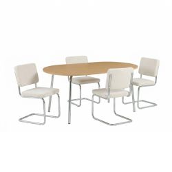 Ensemble repas table à manger ovale VASSI effet chêne et lot de 4 chaises JACK tissu écru