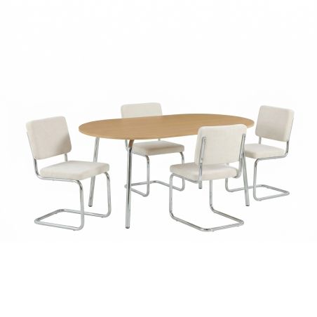 Ensemble repas table à manger ovale VASSI effet chêne et lot de 4 chaises JACK tissu écru